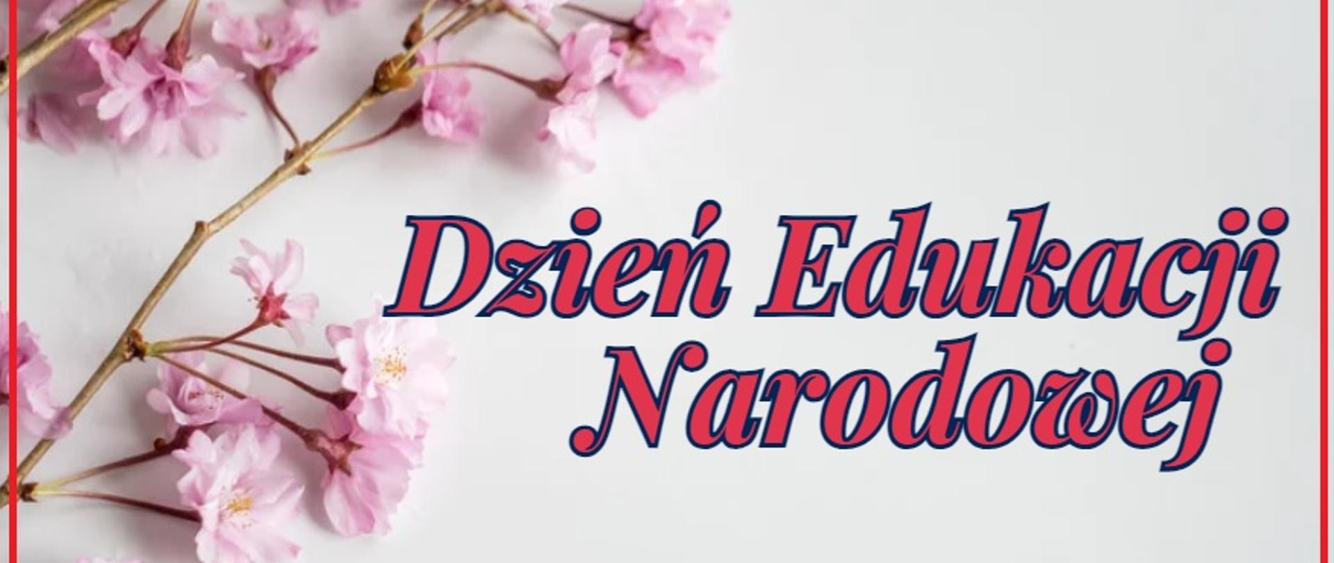 Grafika z kwiatami w tle oraz napisem czerwonymi literami Dzień Edukacji Narodowej