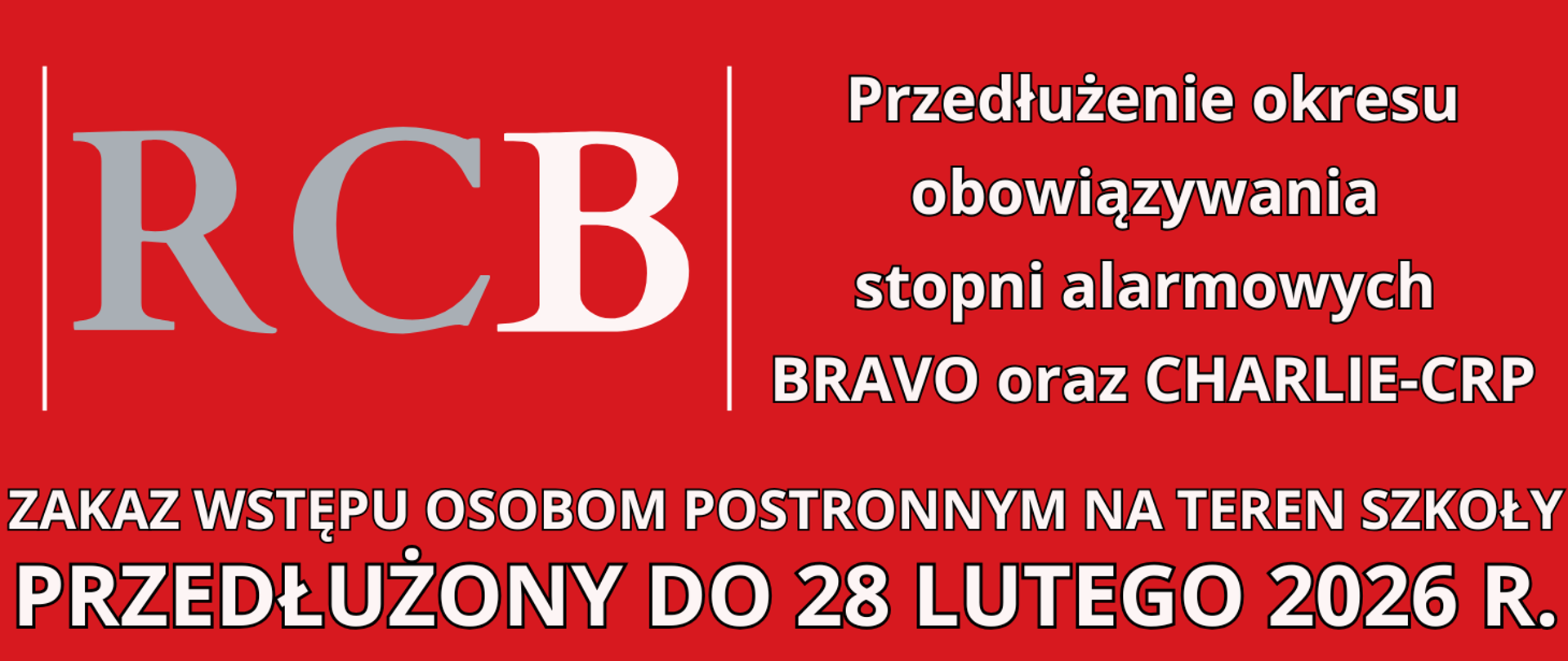 czerwone tło z białymi literami informującymi o alarmie RCB