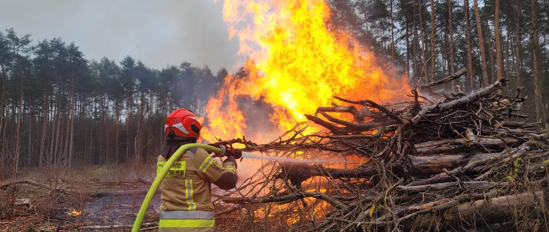 strażak gaszący pożar gałęzi