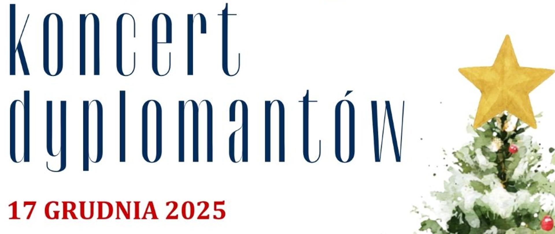 kolorowy plakat zapowiadający Koncert Dyplomantów. Zawiera motywy świąteczne oraz tytuł koncertu