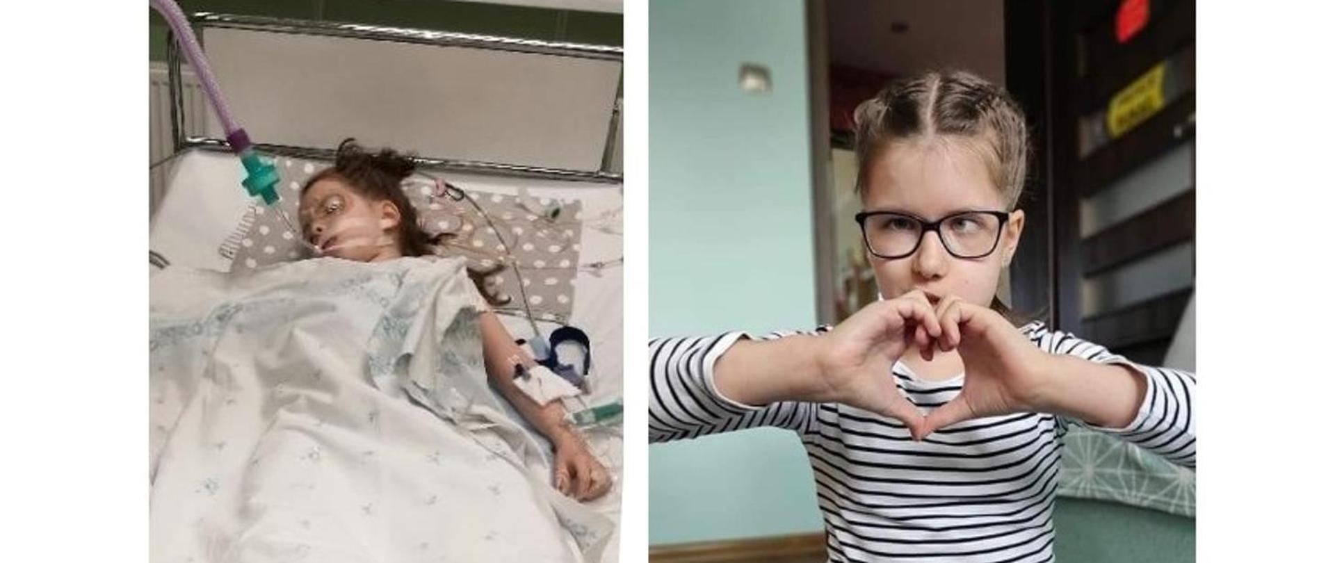 Na zdjęciu po lewej dziewczynka leż na łóżku podłączona do aparatury medycznej, po prawej trzyma przed sobą dłonie w ułożone w kształt serca. 