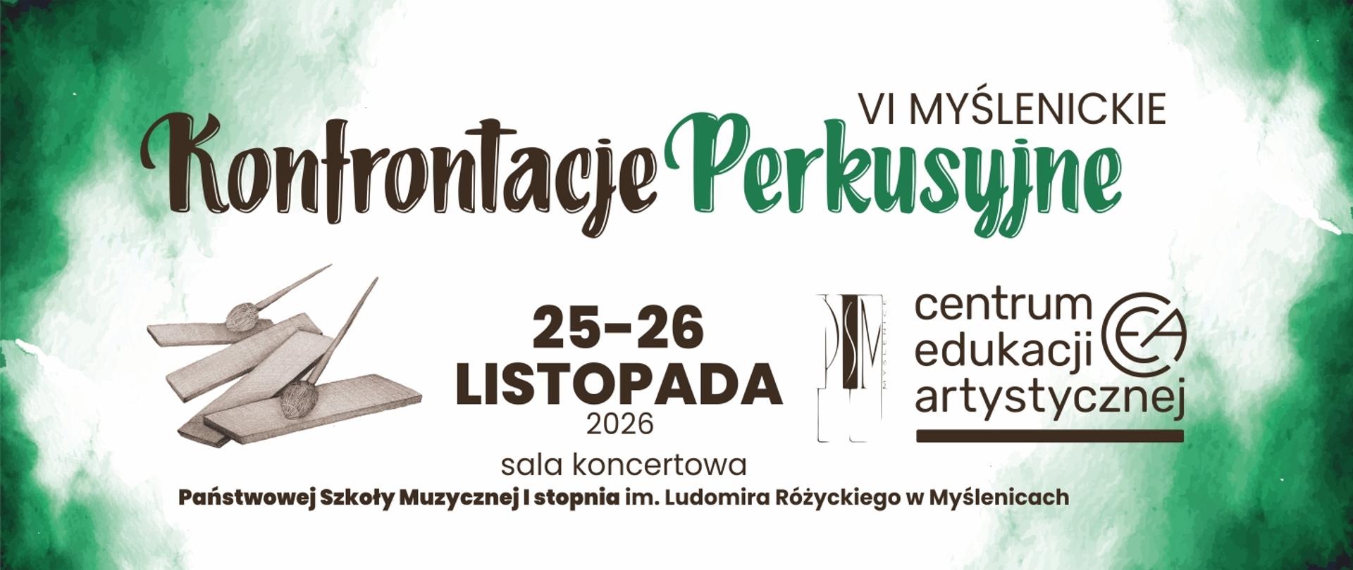 Plakat VI Konfrontacji Perkusyjnych na biało-zielonym tle.