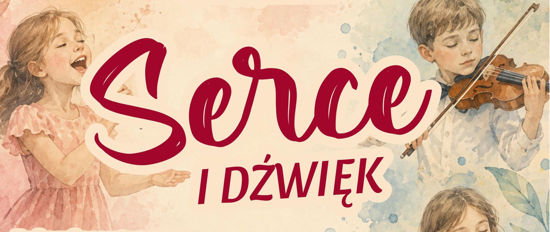 Plakat w orientacji pionowej, utrzymany w delikatnej, pastelowej stylistyce przypominającej ilustrację akwarelową. Dominują odcienie kremowe, pudrowego różu, jasnego błękitu, beżu oraz burgundowej czerwieni. Tło zdobią rozmyte plamy akwareli, pięciolinie, nuty oraz subtelne motywy roślinne. W centralnej części widoczny jest duży, pastelowy różowy motyw serca.
W górnej części plakatu znajdują się dwa logotypy. Po lewej stronie umieszczono logo Fundacji Skala Pasji w kolorze złoto-pomarańczowym z symbolem klucza wiolinowego i napisem:
SKALA PASJI
FUNDACJA
Po prawej stronie znajduje się granatowe logo Państwowej Szkoły Muzycznej I stopnia w Krzeszowicach.
Poniżej, na jasnym kremowym tle, znajduje się napis:
Fundacja Skala Pasji i Państwowa Szkoła Muzyczna I stopnia w Krzeszowicach
zapraszają na koncert
Tekst zapisano bordową czcionką.
Centralną część plakatu zajmuje tytuł koncertu:
Serce
wykonany bardzo dużą, ozdobną, kaligraficzną czcionką w kolorze ciemnej czerwieni (bordo), z jasnym kremowym obrysem.
Pod nim znajduje się napis:
I DŹWIĘK
zapisany dużymi drukowanymi literami w tym samym bordowym kolorze.
Wokół tytułu rozmieszczono ilustracje dzieci wykonujących muzykę:
po lewej stronie dziewczynka w jasnoróżowej sukience śpiewająca z otwartymi ustami,
w prawym górnym rogu chłopiec grający na skrzypcach,
po prawej stronie dziewczynka grająca na flecie poprzecznym,
w lewym dolnym rogu dziewczynka siedząca przy fortepianie,
w prawym dolnym rogu chłopiec grający na wiolonczeli.
Wszystkie postacie przedstawiono w miękkiej, malarskiej technice akwarelowej.
Po lewej stronie, pod tytułem, znajduje się informacja o wykonawcach koncertu:
Podczas koncertu wystąpią:
Orkiestra dęta Skala Pasji
Orkiestra smyczkowa, zespoły oraz soliści
PSM I st. w Krzeszowicach
Tekst zapisany bordową czcionką na jasnym kremowym tle.
Niżej, centralnie, znajduje się największa informacja organizacyjna:
12 czerwca 2026 r.
godzina 18:00
Duża bordowa czcionka na jasnym tle.
Pod spodem:
Aula PSM
ul. Ogrodowa 7, Krzeszowice
Wstęp Wolny
Tekst również zapisano bordową czcionką.
W tle wokół tych informacji widoczne są dekoracyjne nuty oraz fragmenty pięciolinii.
Dolna część plakatu zawiera białą belkę z logotypami sponsorów i patronów medialnych.
Po lewej stronie znajduje się logo Powiatu Krakowskiego wraz z napisem:
POWIAT KRAKOWSKI
oraz mniejszym tekstem:
PROJEKT REALIZOWANY
PRZY WSPARCIU FINANSOWYM
POWIATU KRAKOWSKIEGO
Po prawej stronie znajduje się nagłówek:
Sponsorzy i patroni medialni:
Poniżej umieszczono logotypy:
KOPALNIE PORFIRU I DIABAZU
Głos Seniora
Krzeszowicki Magazyn