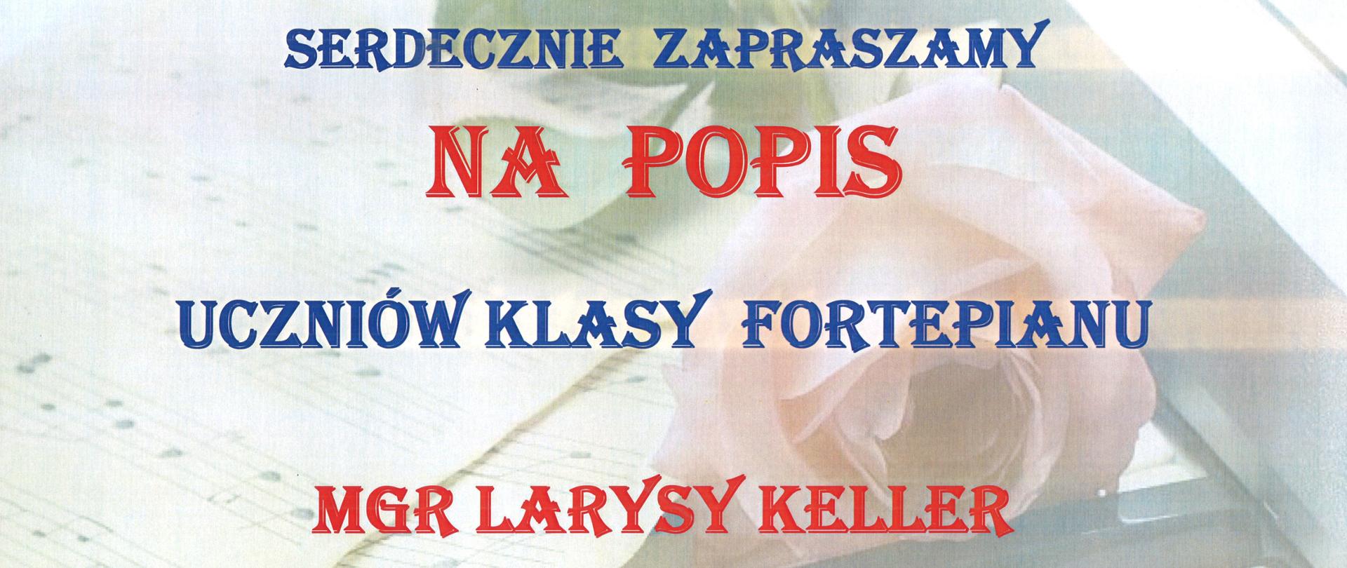 Plakat z wydarzeniem - popis dla uczniów klasy fortepianu, który odbędzie się 5 stycznia 2023r. o godz. 17:00 w auli szkoły; w tle plakatu znajduje się klawiatura fortepianu a na klawiaturze umieszczone są nuty i róża 