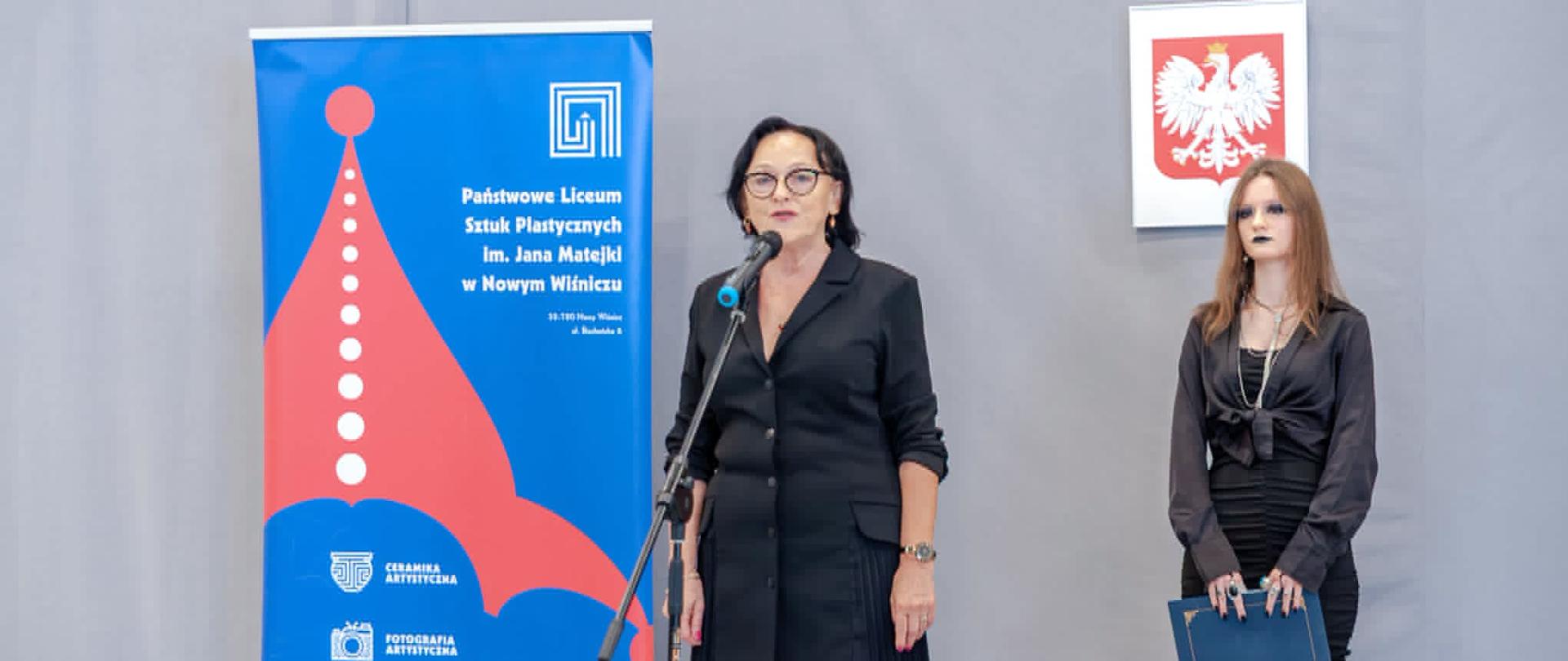 W centrum znajduje się osoba stojąca przy mikrofonie i przemawiająca.
Po lewej stronie ustawiony jest duży baner szkoły z napisem: „Państwowe Liceum Sztuk Plastycznych im. Jana Matejki w Nowym Wiśniczu”
Na banerze widnieją również kierunki kształcenia: Ceramika Artystyczna, Fotografia Artystyczna, Renowacja Elementów Architektury, Tkanina Artystyczna.
Po prawej stronie stoi druga osoba trzymająca teczkę.
Na ścianie za nią znajduje się godło Polski, czyli biały orzeł na czerwonym tle.