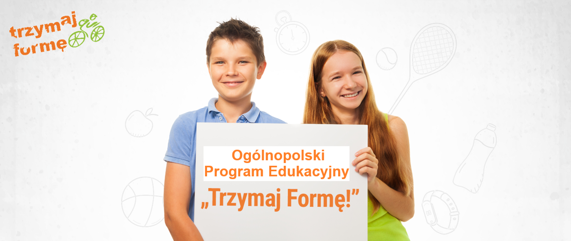 Infografika 2 dzieci - dziewczynka i chłopiec, trzymający tablice z napisem ogólnopolski program Trzymaj formę