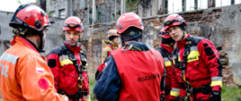 Strażacy z grupy poszukiwawczo-ratowniczej oraz wysokościowej stoją obok siebie wśród nich jest również rozjemca ze straży pożarnej.