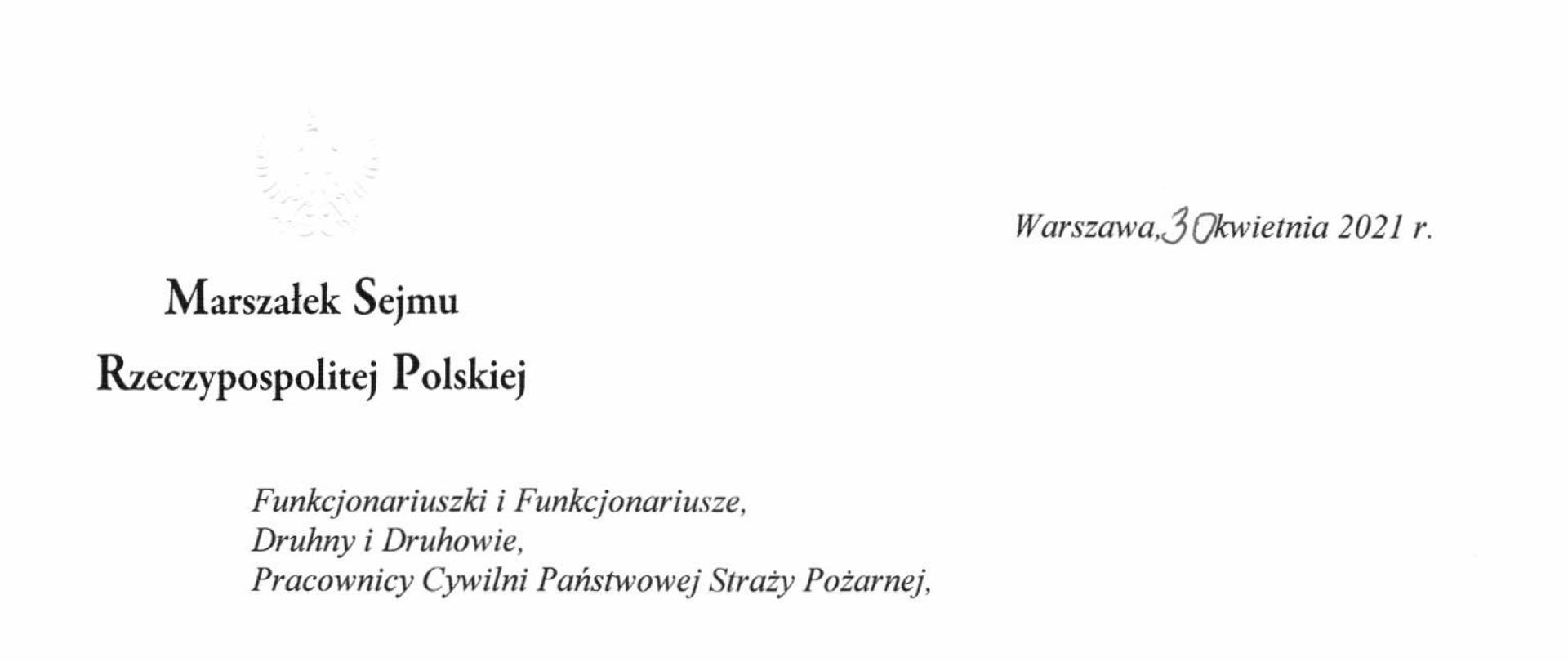 Życzenia Marszałek Sejmu Rzeczypospolitej Polskiej Pani Elżbiety Witek z okazji Dnia Strażaka