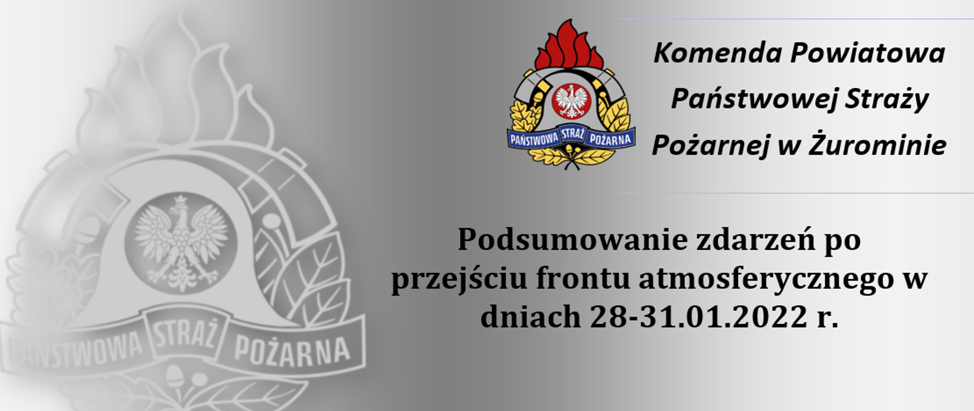 Podsumowanie zdarzeń po przejściu frontu atmosferycznego w dniach 29-30.01.2022 r. baner na siwym tle z logiem PSP.