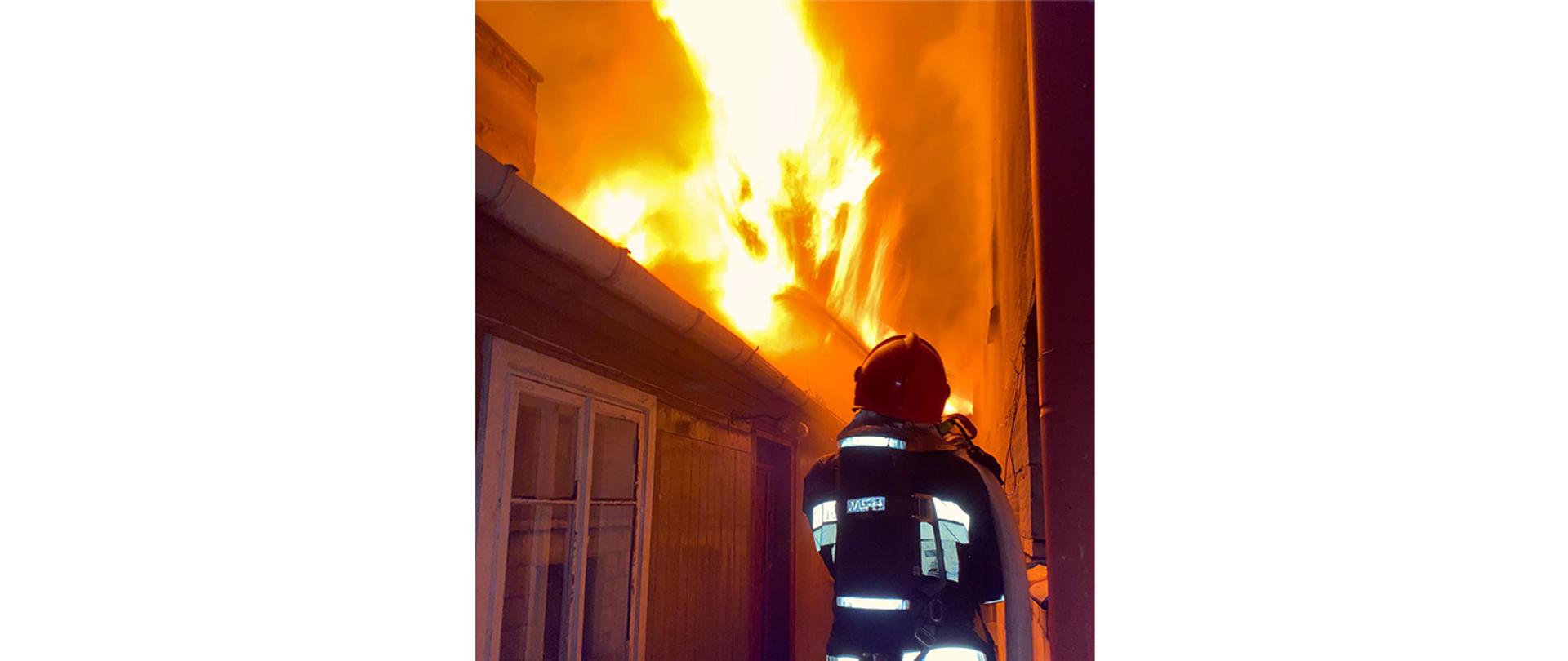 Pożar dwóch domów drewnianych – mieszkalnego i niezamieszkałego w Przasnyszu
7 maja bieżącego roku około godz. 00:40 doszło do pożaru budynku mieszkalnego i drugiego niezamieszkałego w Przasnyszu na ulicy Zawodzie.
W chwili przyjazdu straży pożarnej zastano pożar rozwinięty konstrukcji dachowych na obiektach. Budynek zamieszkiwany był przez dwie starsze osoby dorosłe, które opuściły dom przed przybyciem służb ratowniczych. Ze względu na bardzo zwartą zabudowę pożar przeniósł się na przylegający szczytem sąsiedni niezamieszkany budynek drewniany kryty blachą. Na skutek wysokiej temperatury popękaniu uległy szyby oraz stopieniu ramy okienne w zagrożonym budynku mieszkalnym – murowanym w odległości około 2 metrów, budynek ten zamieszkiwały dwie osoby, które ewakuowały się przed przybyciem służb. Żadne osoby nie odniosły obrażeń.
Strażacy po dokonaniu rozpoznania, zabezpieczeniu miejsca zdarzenia i odłączeniu zasilania elektrycznego w obiektach przystąpili do działań gaśniczych. Ratownicy zabezpieczeni w aparaty ochrony dróg oddechowych podali prądy wody w natarciu na palące się oba budynki drewniane oraz jeden prąd wody w obronie na budynek murowany.
W międzyczasie wewnątrz budynków odnaleziono butle z gazem propan-butan, które wyniesiono w bezpieczne miejsce i schłodzono je wodą. Po ugaszeniu pożaru dokonano niezbędnych prac rozbiórkowych konstrukcji dachowych budynków drewnianych w celu uzyskania dostępu do wszystkich zarzewi ognia i przelaniu wodą nadpalonych elementów konstrukcji. Na koniec obiekty sprawdzono kamerą termowizyjną w celu wykluczenia dodatkowych zagrożeń - nie stwierdzono dodatkowych zagrożeń pożarowych.
W działaniach udział brało 6 zastępów straży pożarnej: 3x JRG Przasnysz, OSP Bogate, OSP Obrąb i OSP Mchowo.
________________________________________
Opracował: asp. Sekuna Rafał.
Zdjęcia: KP PSP Przasnysz.
