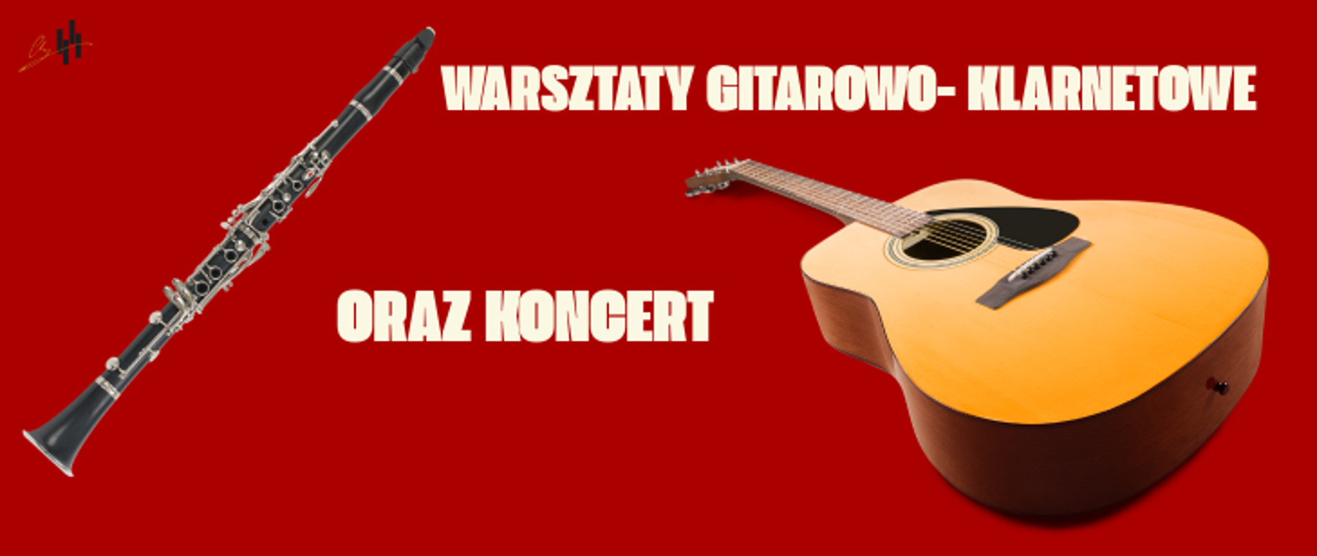 Plakat utrzymany w eleganckiej, głębokiej czerwieni z wyrazistymi zdjęciami klarnetu i gitary akustycznej