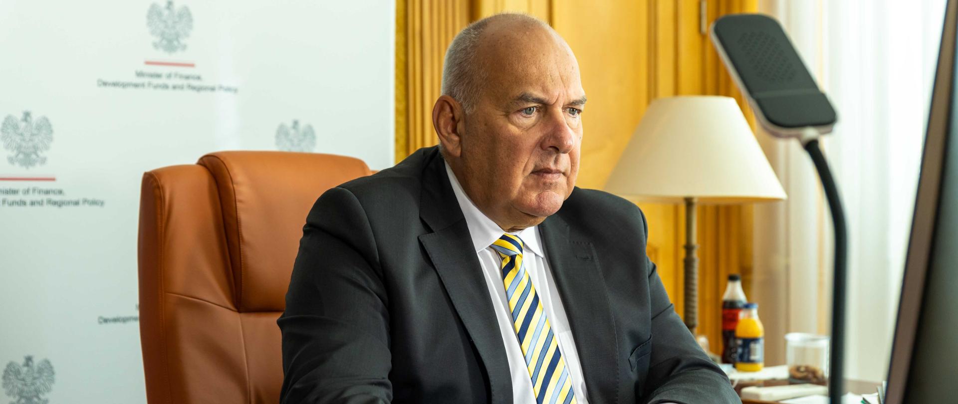 Minister Tadeuszu Kościński podczas spotkania online Konstytuanty Międzynarodowego Funduszu Walutowego i Banku Światowego