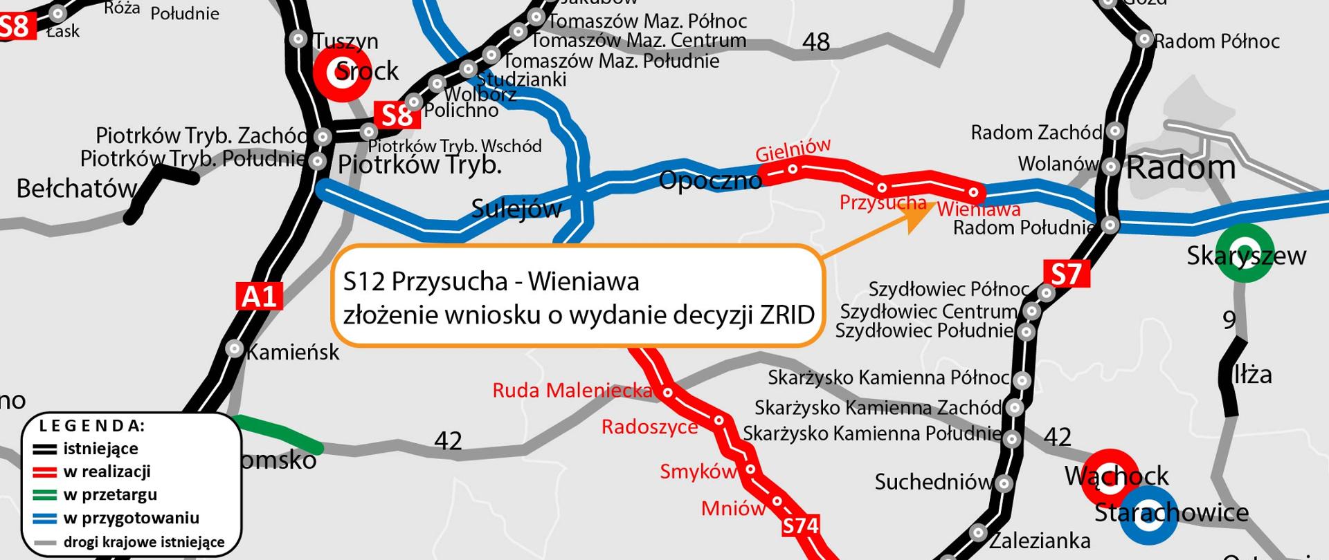 Mapa polskich dróg z zaznaczonym odcinkiem S12 Przysucha - Wieniawa, gdzie został złożony wniosek o wydanie decyzji ZRID