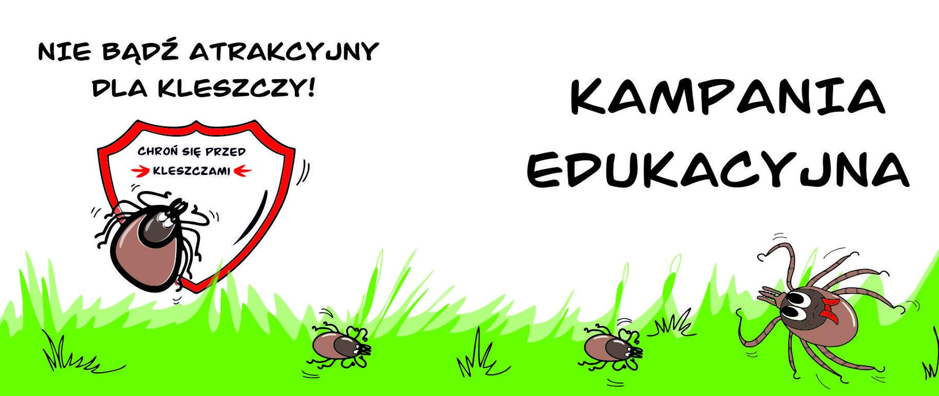 baner z narysowanymi kleszczami na trawie tekst: Nie bądź atrakcyjny dla kleszczy! Chroń się przed kleszczami - kampania edukacyjna