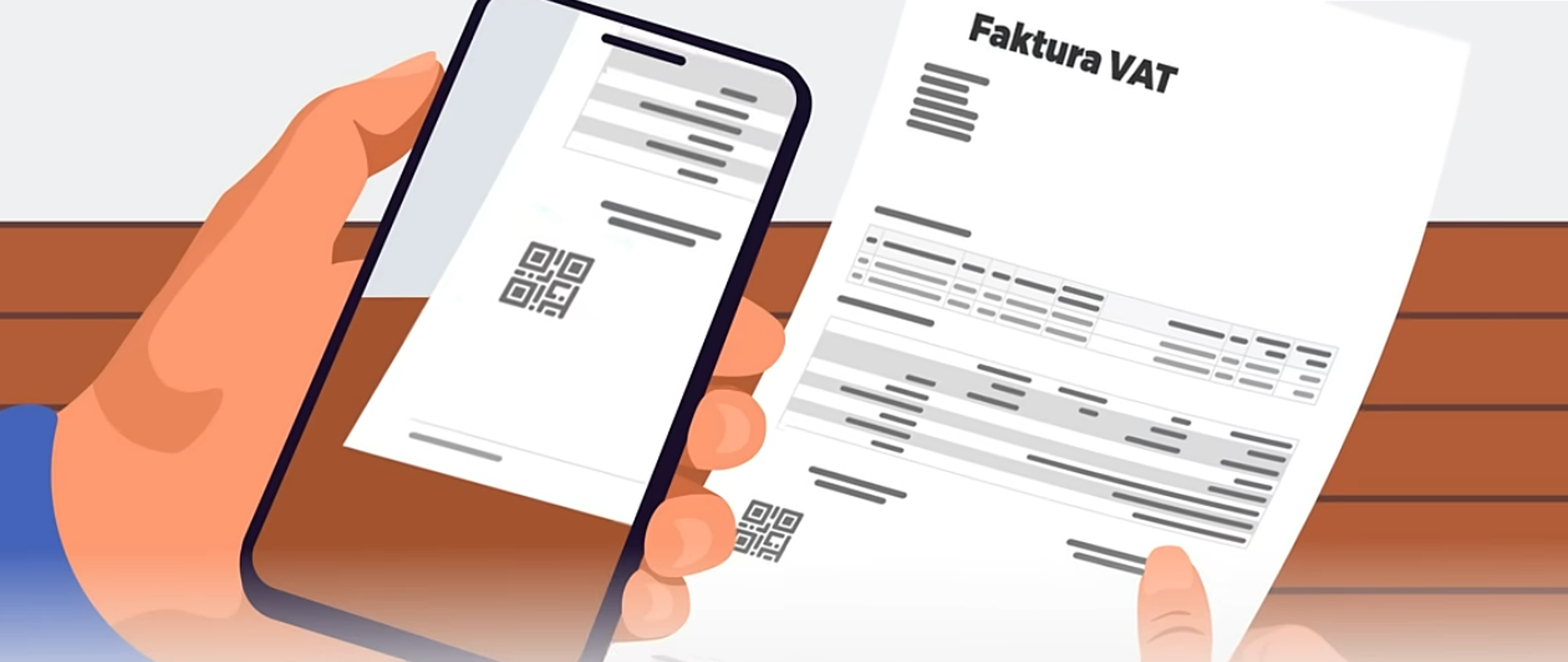 Ilustracja przedstawia dłoń trzymającą smartfon z widocznym kodem QR oraz obok papierową fakturę VAT; na dole znajduje się napis „Skanujesz kod QR lub klikasz link z wizualizacji faktury od sprzedawcy”.