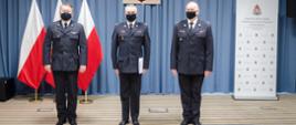 Na zdjęciu widać trzech strażaków, w tle trzy flagi Polski oraz godło RP.