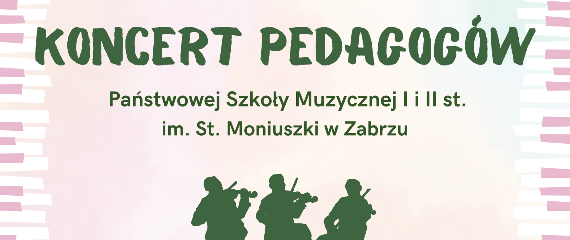 na różowym pastelowym tle zielone napisy, delikatne wiosenne kwiatowe motywy i sylwetki grających muzyków