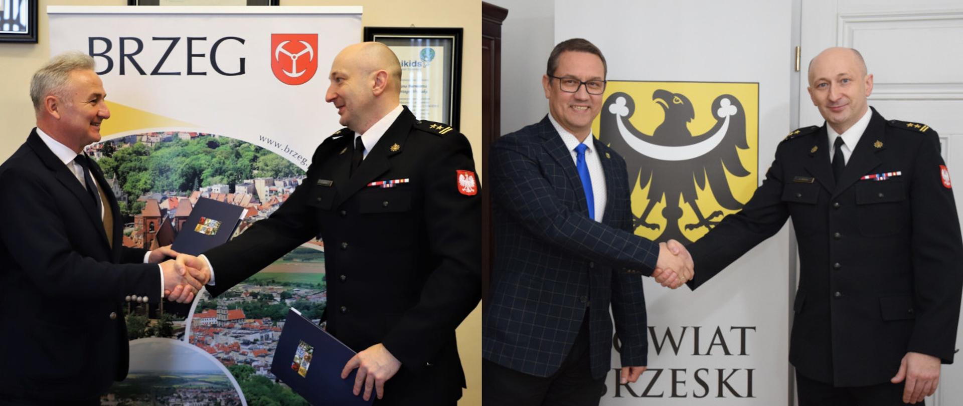 Podpisanie porozumień w sprawie przekazania środków na zakup ciężkiego samochodu gaśniczego - zdjęcia przedstawiają Komendanta Powiatowego PSP w Brzegu z Burmistrzem Brzegu oraz Starostą Powiatu Brzeskiego