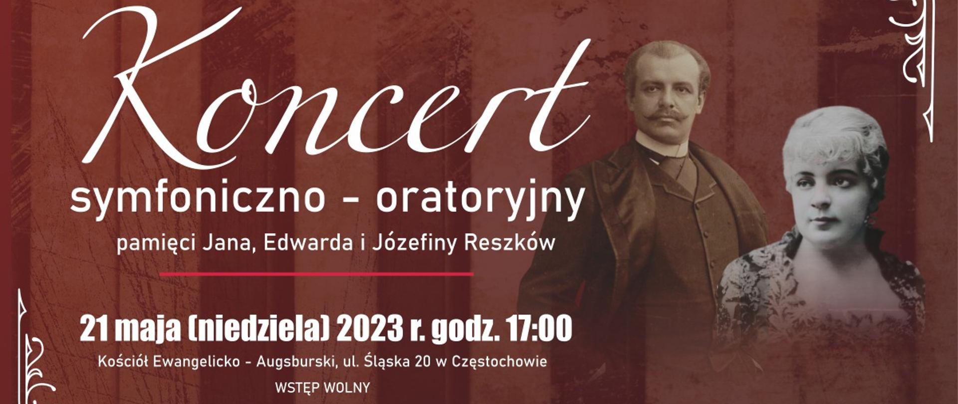 Na brązowym tle informacje o godzinie, dacie i miejscu koncertu. Z prawej strony zdjęcie Józefiny i Jana Reszków