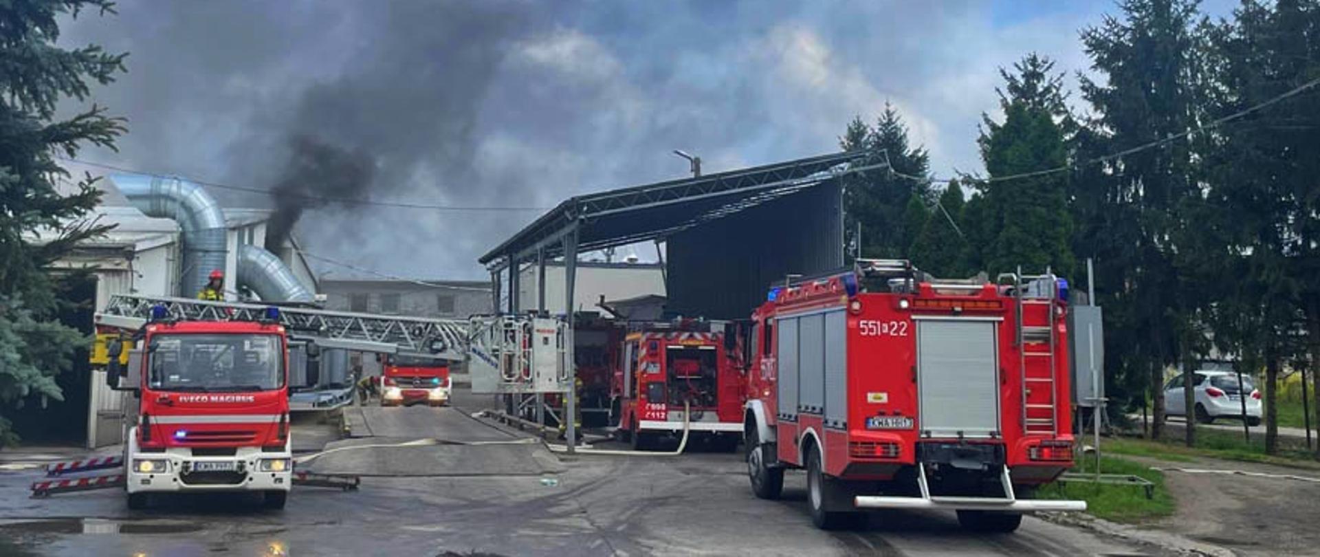 Przedstawia szerzej ujęty teren zakładu wraz z samochodami pożarniczymi i rozwiniętymi wężami oraz strażakiem operującym drabiną mechaniczną. W lewej stronie kadru widać budynek z instalacjami technologicznymi, z którego z jednego z otworów na poddaszu wydobywa się gęsty dym. W tle usytuowany jest pozostały budynek zakładu oraz samochód pożarniczy