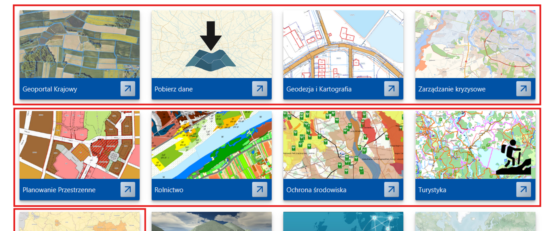 Ilustracja przedstawia stronę główną www.geoportal.gov.pl z zaznaczonymi modułami, w których jest dostępna nowa usługa