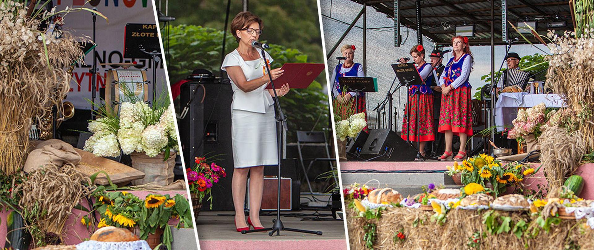 Trzy zdjęcia. Na pierwszym widać snopki zboża, słoneczniki, chleb na stole. Na drugim, umieszczonym w środku, stoi przy mikrofonie minister Maląg. W dłoniach trzyma czerwoną obwolutę, z widocznym złotym orłem. Czyta. Trzecie zdjęcie - na pierwszym planie stół otoczony kłosami zboża, na stole chleby. obok snopki i słoneczniki stojące w wazonie. W głębi grupa pięciu osób, ubranych w tradycyjne stroje regionalne.