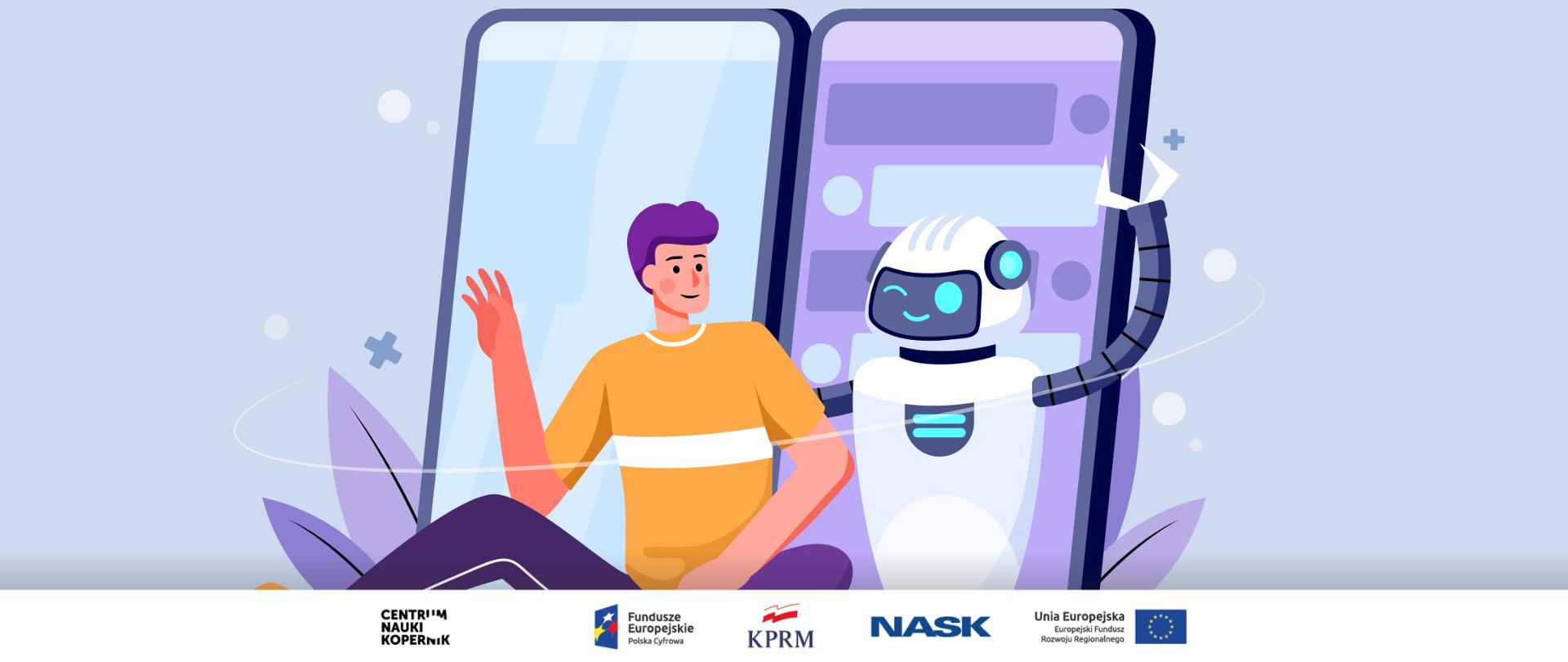 Grafika wektorowa utrzymana w błękitno-fioletowych kolorach. Mężczyzna siedzący obok robota, za nimi smartfony.