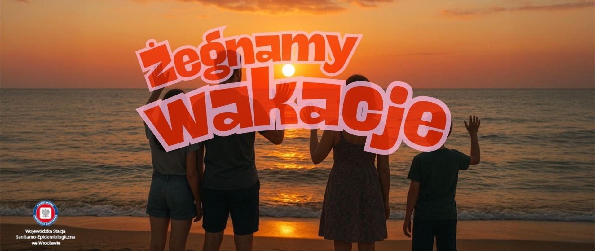 zachodzące słońce nad morzem z postaciami oglądającymi zachód i machającymi do niego