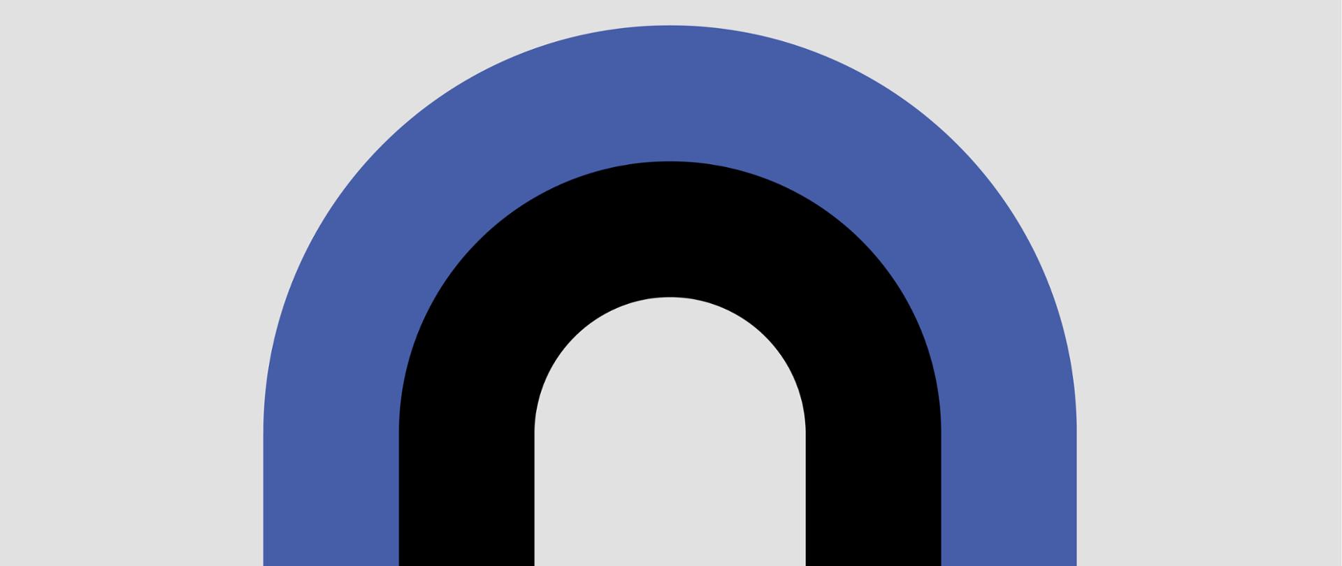 Grafika przedstawiająca łuk w kształcie podkowy składający się z dwóch kolorów - czarny i niebieski, na jasnym tle.