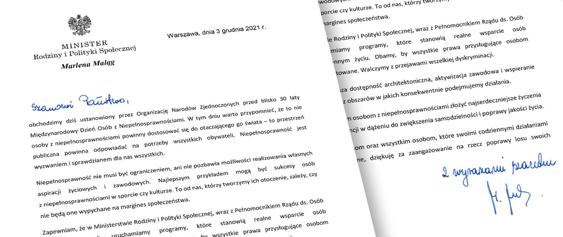 Życzenia Minister Marleny Maląg z okazji Międzynarodowego Dnia Osób z Niepełnosprawnościami