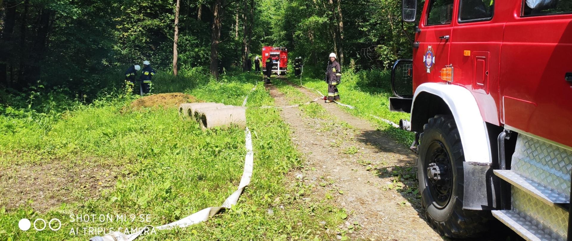 Samochód ratowniczo-gaśniczy stający na drodze leśnej. Obok strażacy rozwijają linię gaśniczą obok drogi. 