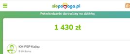 Na zdjęciu widać top strony internetowej Siepomaga.pl. Jest napisana kwotą jaką kaliscy strażacy wpłacili na zbiórkę, czyli 1430 zł.