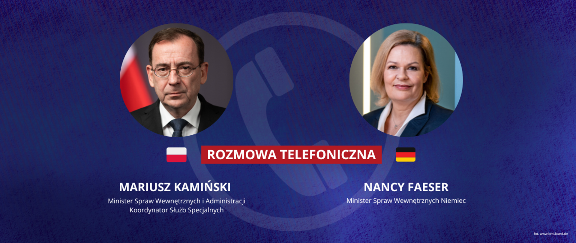 Grafika przedstawia informację o rozmowie telefonicznej między Mariuszem Kamińskim, ministrem spraw wewnętrznych i administracji a Nancy Feaser, ministrem spraw wewnętrznych Niemiec. Na grafice widnieją zdjęcia portretowe ministrów.