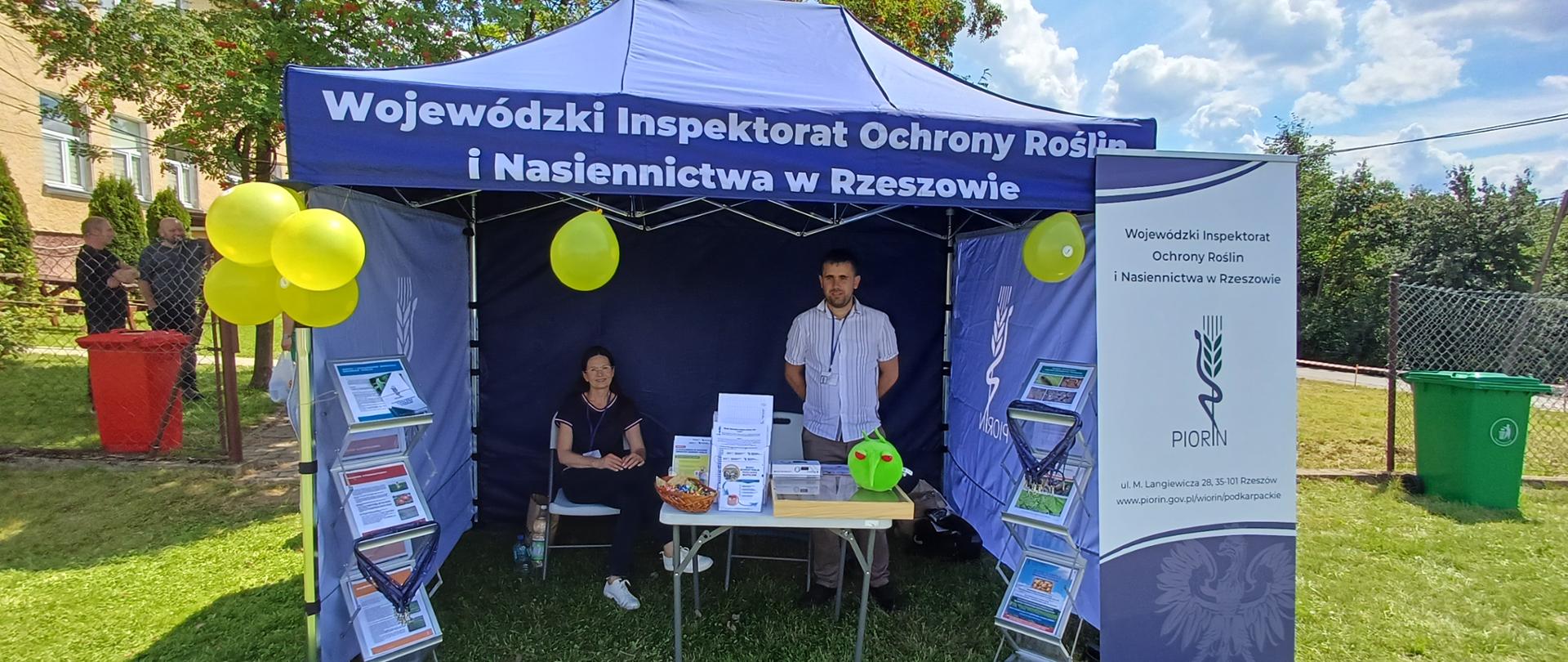  Zdjęcie przedstawia plenerowe stoisko Wojewódzkiego Inspektoratu Ochrony Roślin i Nasiennictwa w Rzeszowie. Nad wejściem do niebieskiego namiotu widnieje biały napis z pełną nazwą instytucji. Po prawej stronie stoi pionowy baner (roll-up) z logo PIORiN i danymi teleadresowymi. Przy stoliku z ulotkami znajdują się dwaj pracownicy, a wokół namiotu wiszą żółte balony. W tle widoczny jest trawnik i zielone drzewa
