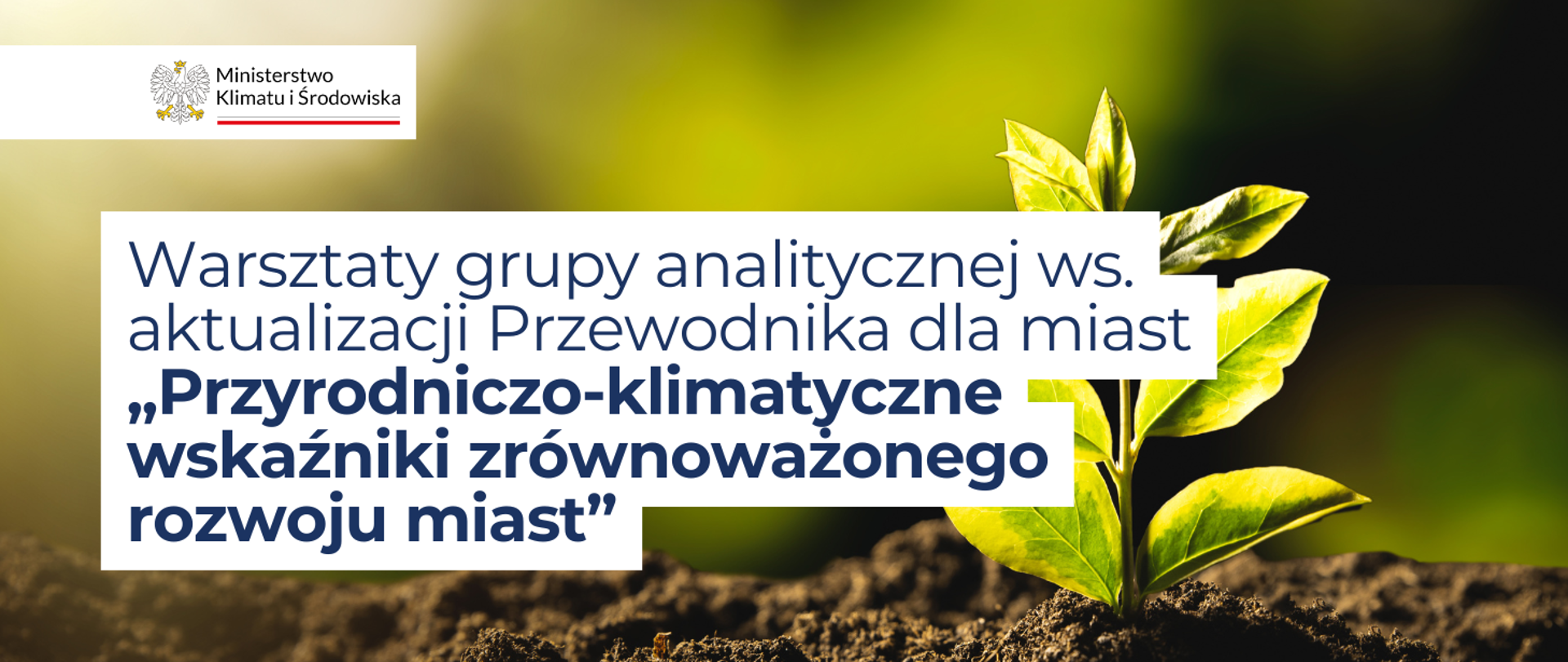 w tle grafiki widoczna jest zielona roślina, która rośnie w ziemi. Na pierwszym planie widoczny jest napis: Warsztaty grupy analitycznej ws. aktualizacji Przewodnika dla miast "Przyrodniczo-klimatyczne wskaźniki zrównoważonego rozwoju miast".