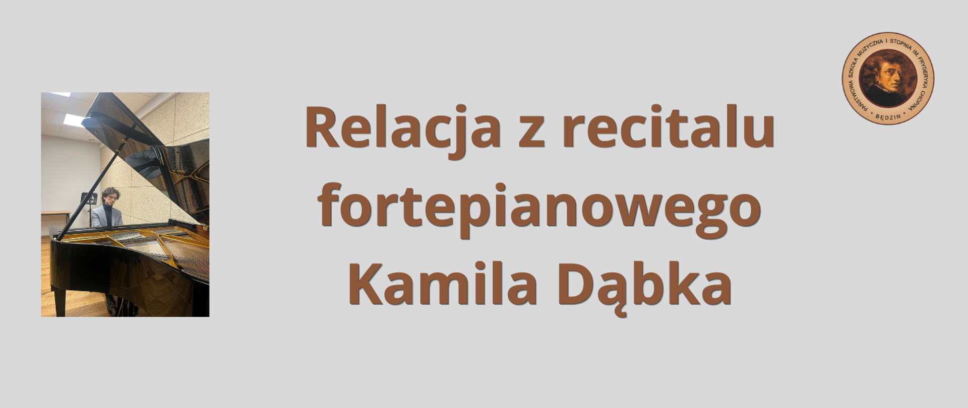 szare tło, zdjęcie artysty, logo szkoły 