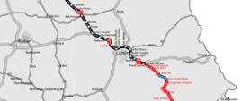Mapa przebiegu drogi ekspresowej S17 z zaznaczonymi odcinkami, które są w użytkowaniu, w realizacji lub w przygotowaniu