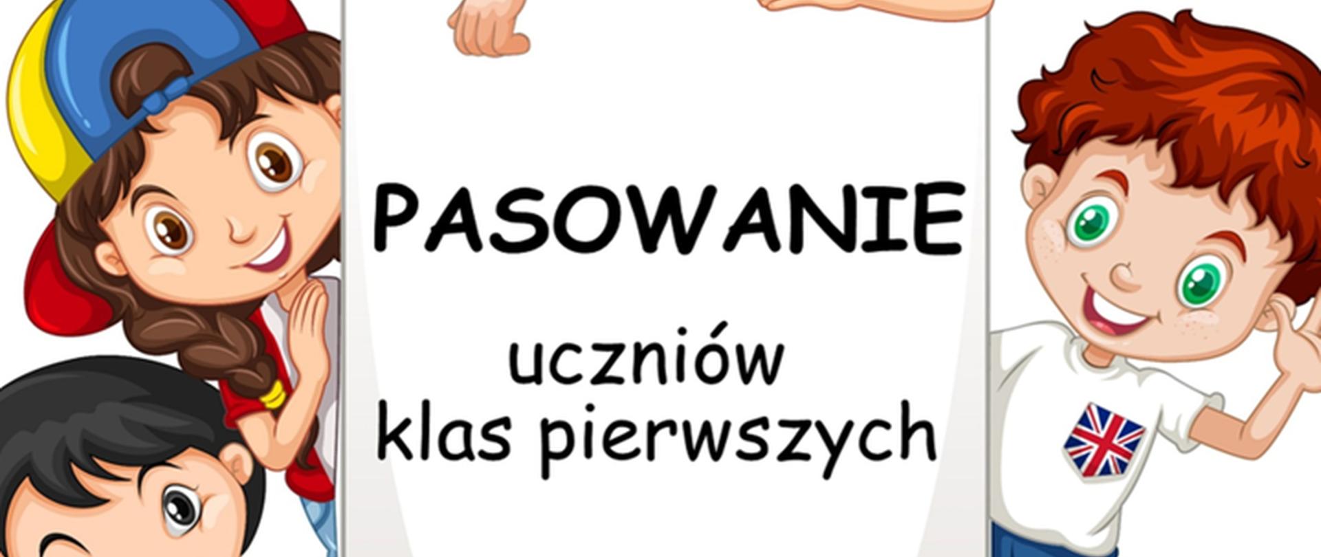 Plakat przedstawia narysowane dzieci trzymające po środku kartkę. Na kartce napis w kolorze czarnym:Pasowanie uczniów klas pierwszych, poniżej:10 pażdziernia 2024 godz. 16:30 cienowany na niebiesko. poniżej fragment pieciolini z nutami jako rysunek w koloral tęczy.