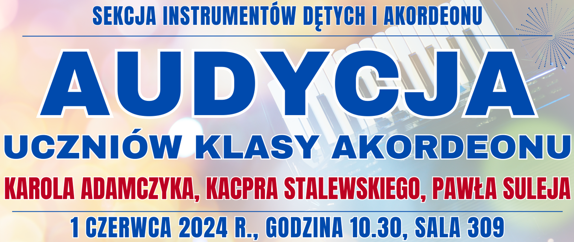 kolorowe półprzezroczyste tło z akordeonem oraz informacja o wydarzeniu