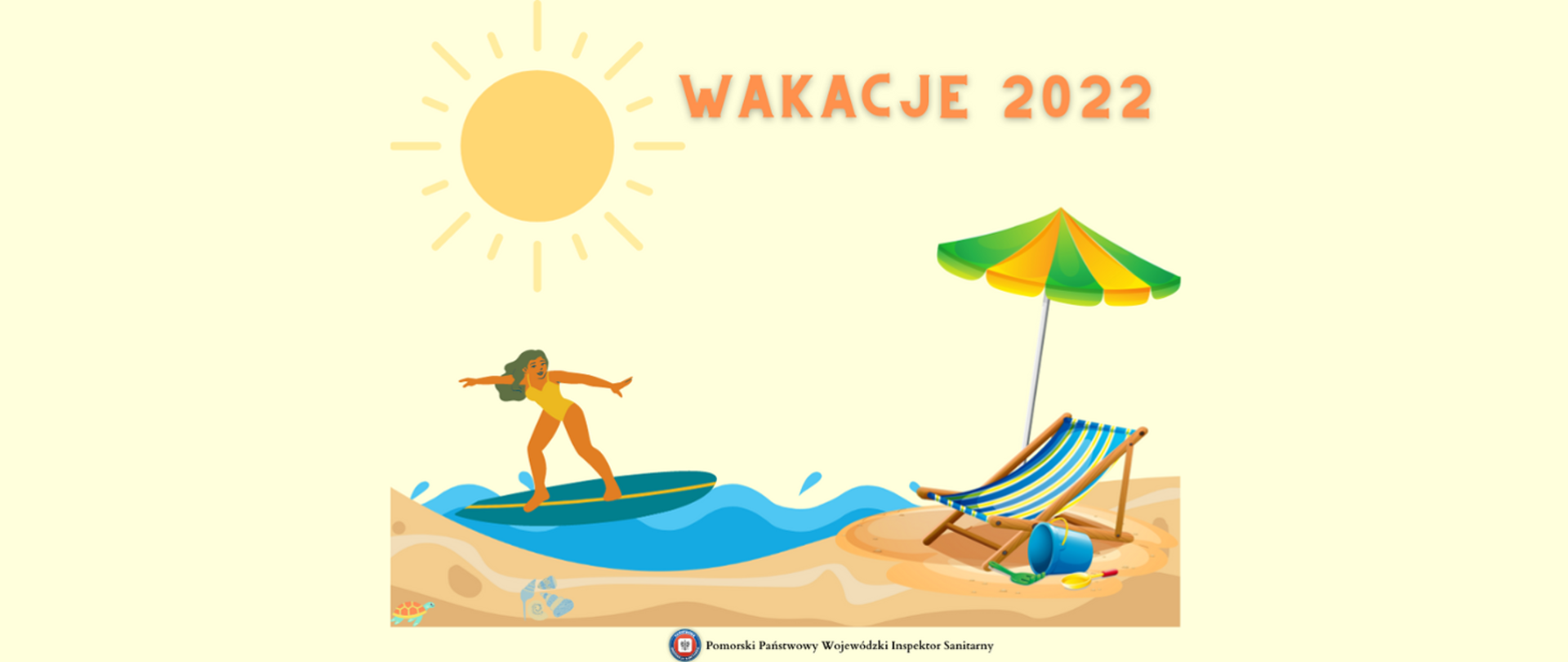 Grafika przedstawiająca dziewczynę pływającą na desce przy piaszczystej plaży oraz napis Wakacje 2022