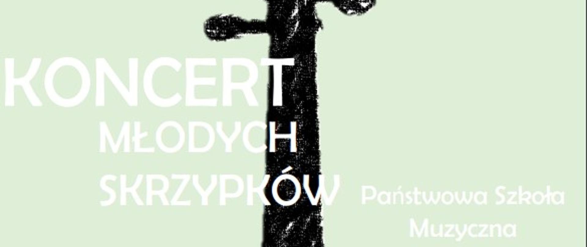  Na pierwszym planie plakatu na samym środku rzuca się w oczy czarna grafika tylnej strony pudła rezonansowego skrzypiec wraz z gryfem i główką z kołkami rozmieszczona na całej stronie plakatu. U góry po lewej stronie znajduje się logo szkoły. Następnie nagłówek Koncert młodych skrzypków. W środku po prawej stronie znajduje się napis: Państwowa Szkoła Muzyczna I stopnia im. J.Hellera w Głuchołazach. Na czarnym tle skrzypiec, na samym środku plakatu jest umieszczona informacja: 4 grudnia 2024 godzina 16.00 Sala kameralna. Na samym dole jest napisane: Wystąpią uczniowie klasy skrzypiec mgr M.Kozak i mgr K.Dorosz. Tło całości plakatu jasna zieleń.