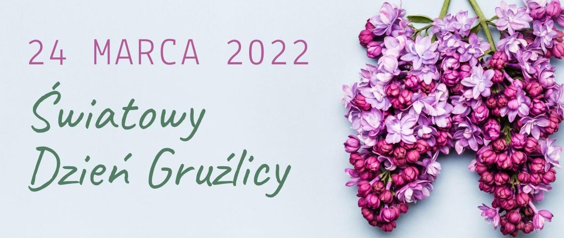 Na szarym tle z lewej strony napis: 24 marca 2022. Światowy Dzień Gruźlicy.
po lewej stronie filetowy kwiat bzu.