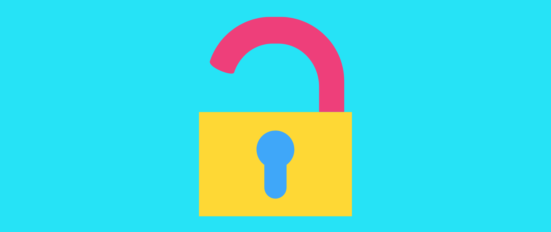 Grafika wektorowa - otwarta żółto-różowa kłódka na błękitnym tle.