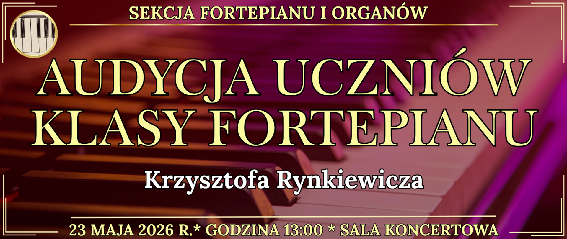 baner w tle klawiatura fortepianu oraz informacja o wydarzeniu