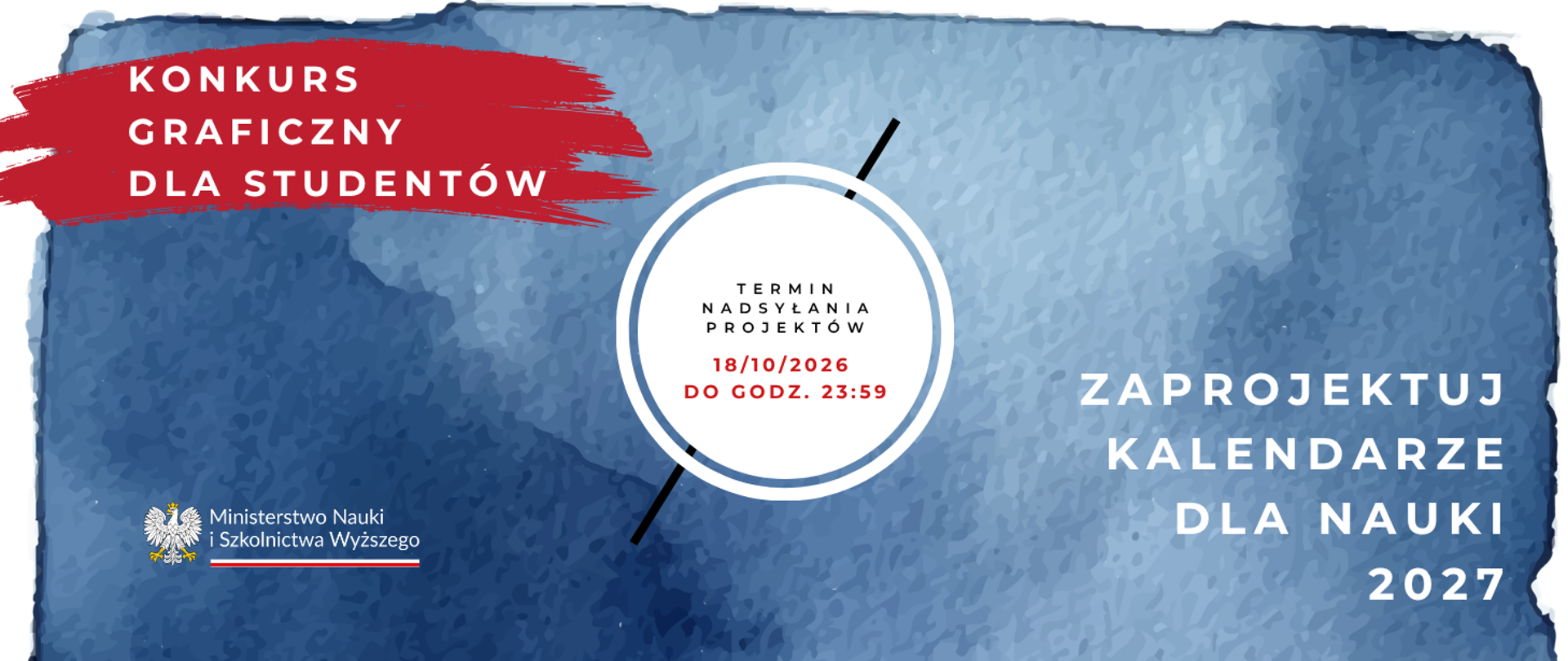 Grafika - na niebieskim tle napis Konkurs graficzny dla studentów - zaprojektuj kalendarze dla nauki 2027.