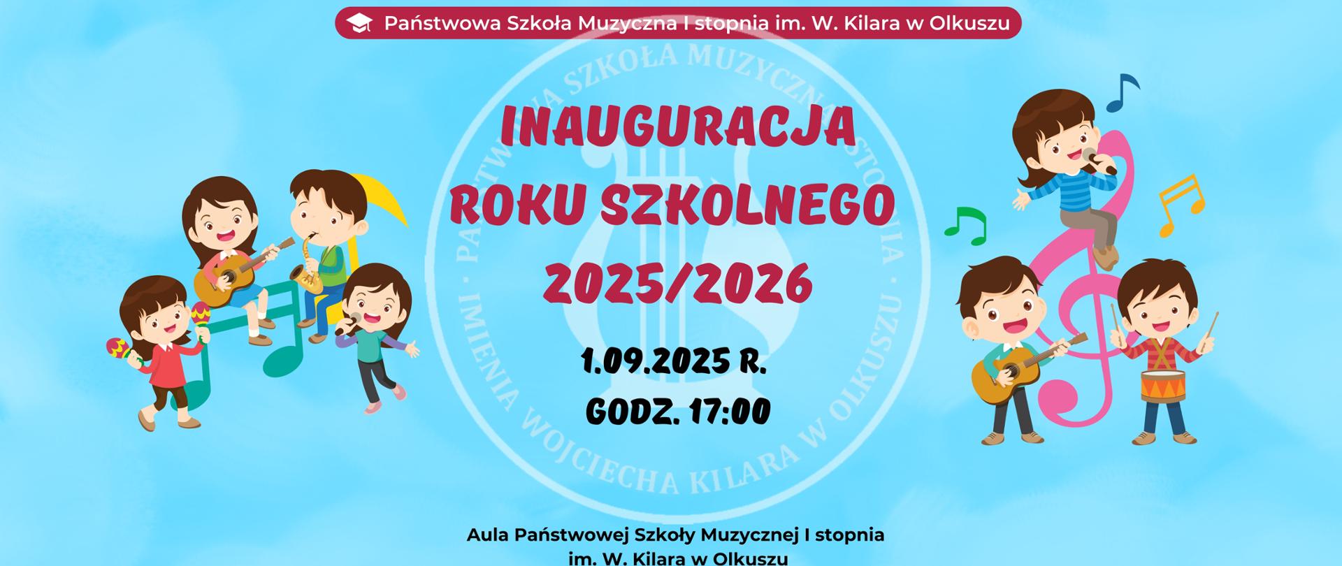 niebieskie tło na środku logo szkoły i napisy czerwone, po bokach rysunki dzieci grających na instrumentach
