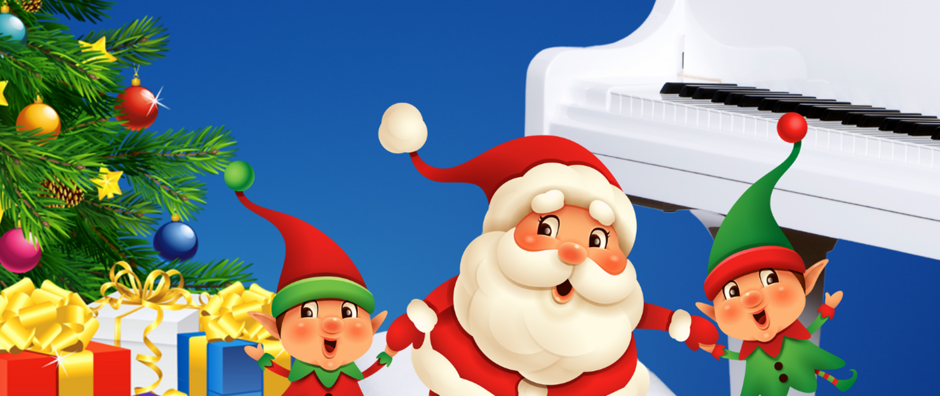 Plakat informujący o koncercie klasy fortepianu p. Pacześniaka i p. Czarneckiej który odbędzie się 5 grudnia 2023 w szkolnej auli. Tło plakatu niebieskie, w górnej części spadające śnieżynki. Po prawej biały fortepian, po lewej choinka, obok stoi Święty Mikołaj z dwoma elfami.