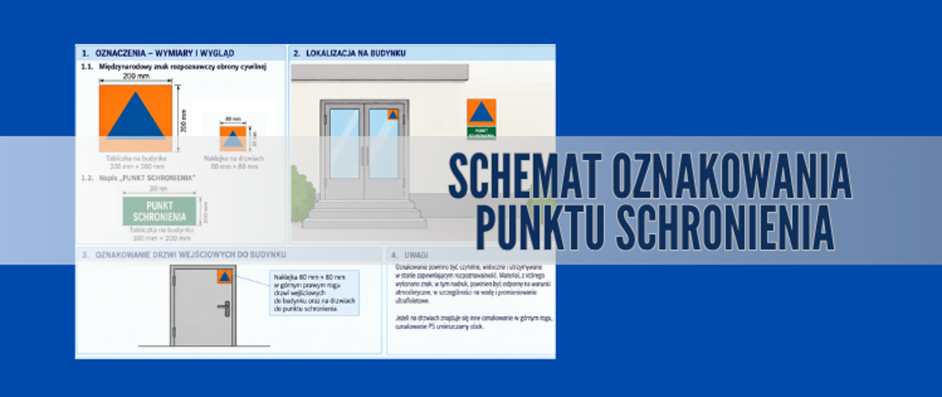 Grafika z logo OLiOC wykorzystana na drzwiach i obiekcie budynku. Przez środek napis: schemat oznakowania punktu schronienia. 