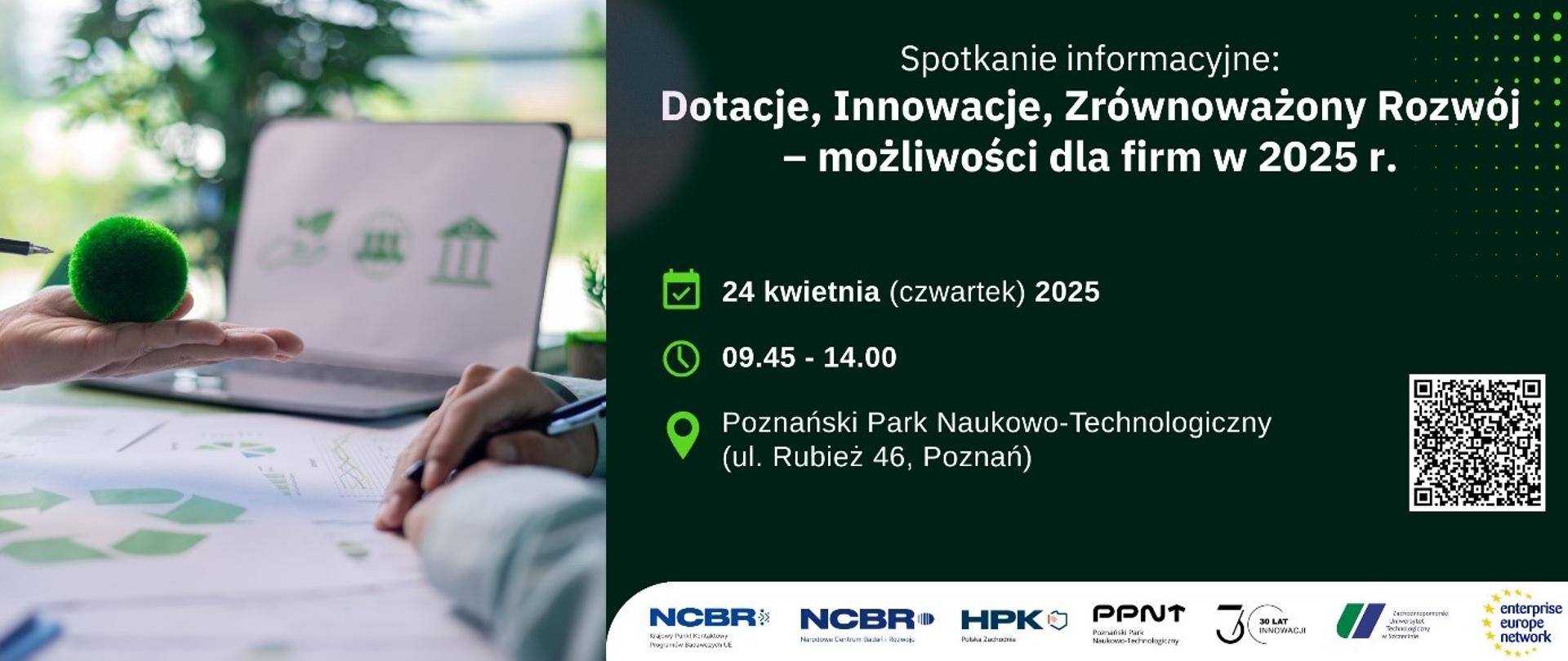 Obraz zawierający podstawowe informacje o spotkaniu, które są zawarte w tekście oraz grafikę przedstawiającą komputer.