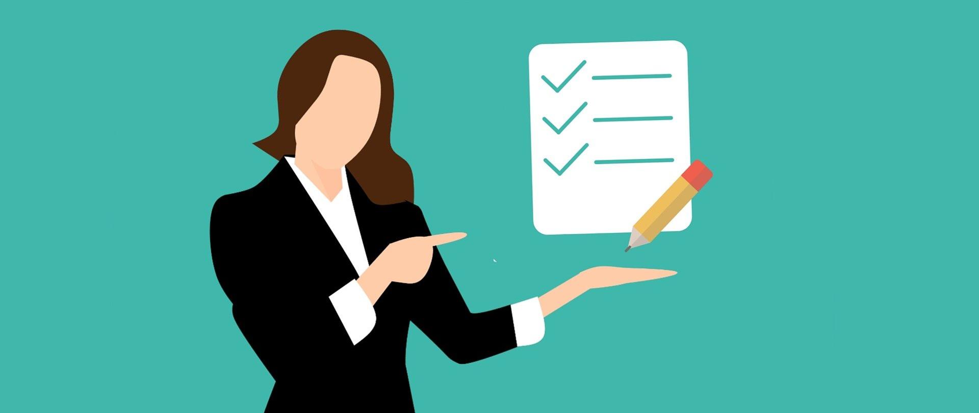 Kobieta z długimi brązowymi włosami, w czarnym garniturze, pokazuje na listę z zaznaczonymi ptaszkami i ołówek